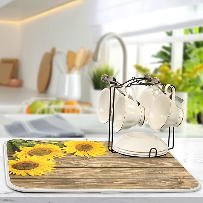 Super Absorbent Dish Drying Mat, Microfiber Fast-Drying Dish Mat, 24" x 18", Kitchen Dish Drying Pad, Sunflowers On The Wooden