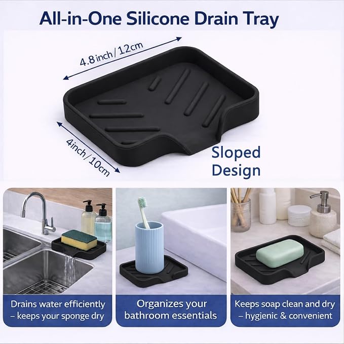 Large Silicone Dish Drying Mat – 23"x17" Sloped Sink Draining Tray with Sponge Holder for Kitchen Counter, Angled Surface for Water Drainage, Silicone Rack Mat with Drain Lip(Black)
