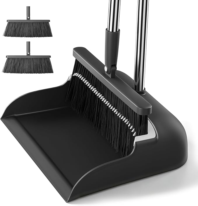 MOPALL Broom with Dustpan Combo Set 53" Long Handle, Includes 2 Broom Heads | Self-Cleaning Dustpan Teeth, 180° Swivel Brooms Head, Angled Bristle, Standing Dustpan for Sweeping Indoor Dog Cat Pets Hair