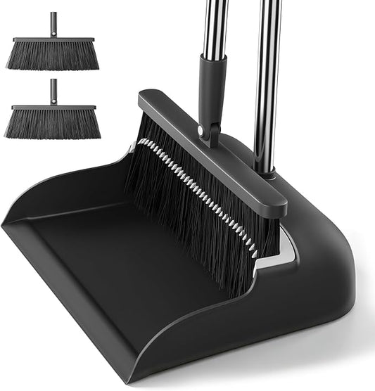 MOPALL Broom with Dustpan Combo Set 53" Long Handle, Includes 2 Broom Heads | Self-Cleaning Dustpan Teeth, 180° Swivel Brooms Head, Angled Bristle, Standing Dustpan for Sweeping Indoor Dog Cat Pets Hair