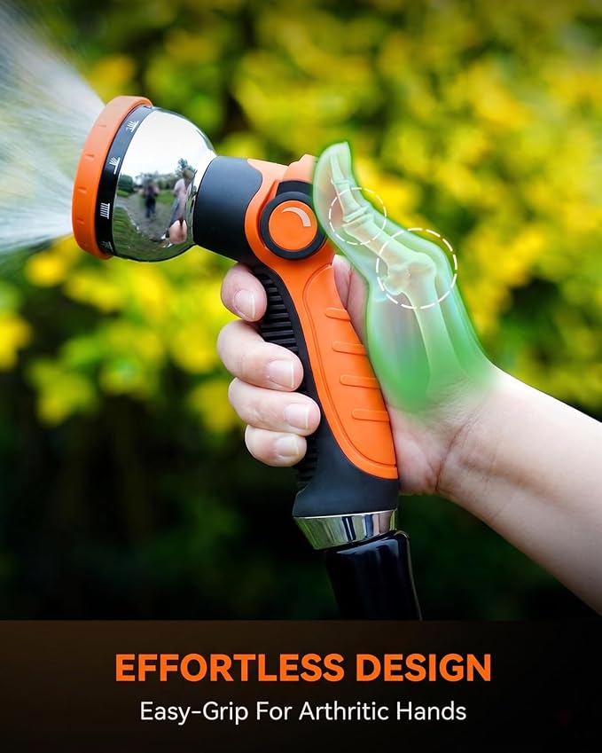 Garden Hose Nozzle Heavy Duty, Metal Water Hose Sprayer with 10 Adjustable Spray Patterns, Thumb Control On Off Valve, High Pressure Hose Nozzle for Watering, Car Washing & Pet Shower - Orange