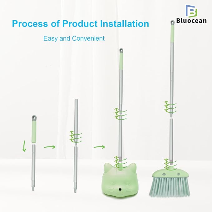 28'' Kids Mini Broom and Dustpan Set - Toddler Cleaning Toy, Toddler Household Helper, Parent-Child Interactive Play Cleaning Tool, Cute Cartoon Design, Small Safe Corner Broom (Green)