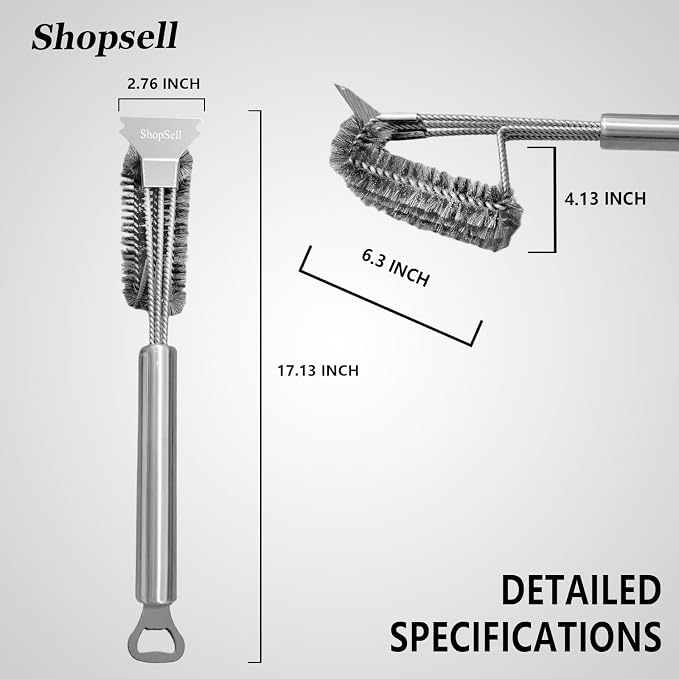 Grill Cleaning Brush with Scraper, Stainless Steel BBQ Grate Tool | 3-in-1 grill cleaner with scraper and bottle opener, anti-rust steel bristles works for gas, charcoal, porcelain grills