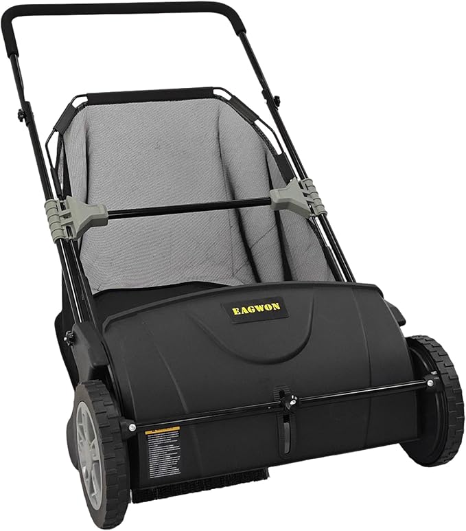 Push Lawn Sweeper, 21-Inch Width, 3.5 Cu. Ft. Hopper Capacity, 4 Spinning Brushes, Adjustable Height, Durable Steel Frame with Rubber Wheels, Black