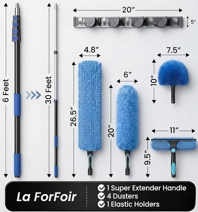 36ft High Ceiling Duster Kits with 5-30ft Heavy Duty Extension Pole - Fan Blade Cleaner, Cobweb Remover & Blue Window Squeegee Kit, Washable Dust Brush for High Roof and Glass Surfaces