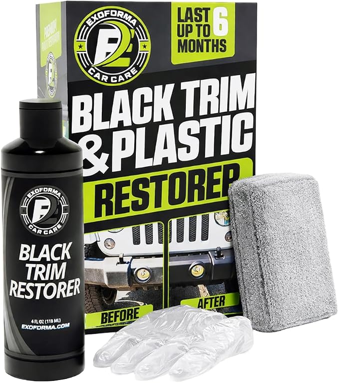 ExoForma Black Trim Restorer - Lasts 6+ Months, Dye Infused Waterproof Plastic Restorer for Cars - Perfect for Faded Bumpers, Trim & Vinyl on Jeeps, Truck Beds, Avalanches & ATVs | 4oz Kit