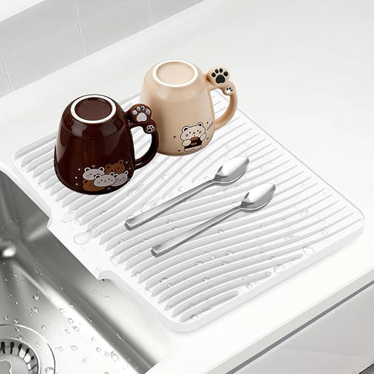 Silicone Dish Drying Mat for Kitchen counter, 19.7"x17" Extra Large Non-Slip Drain Pad with Built-in Drainage, Heat Resistant Dishwasher Safe, Ivory