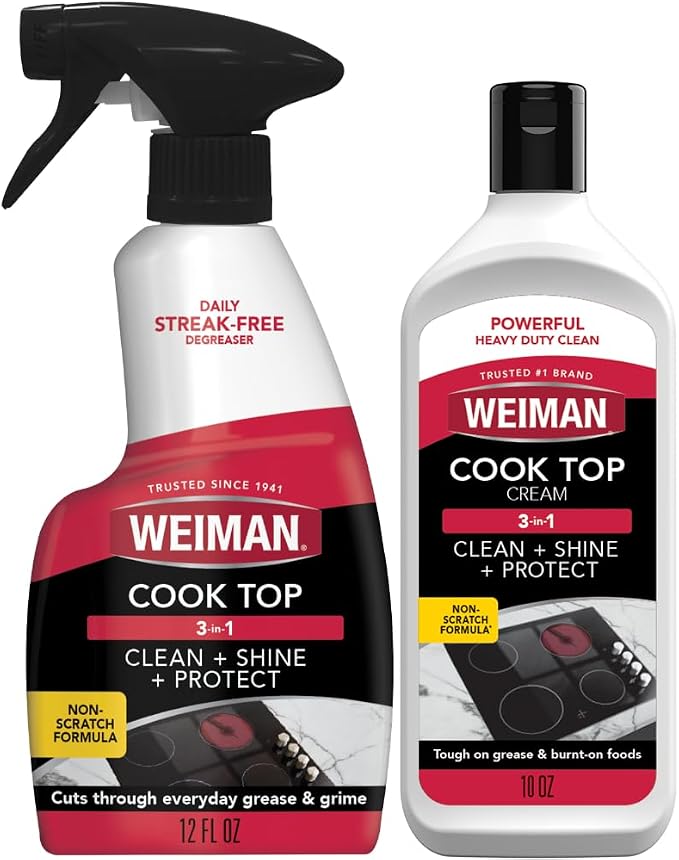 Weiman Ceramic and Glass Cooktop - 10 Ounce - Stove Top Daily Cleaner Kit - 12 Ounce - Glass Induction Cooktop Cleaning Bundle for Heavy Duty Mess Cleans Burnt-on Food