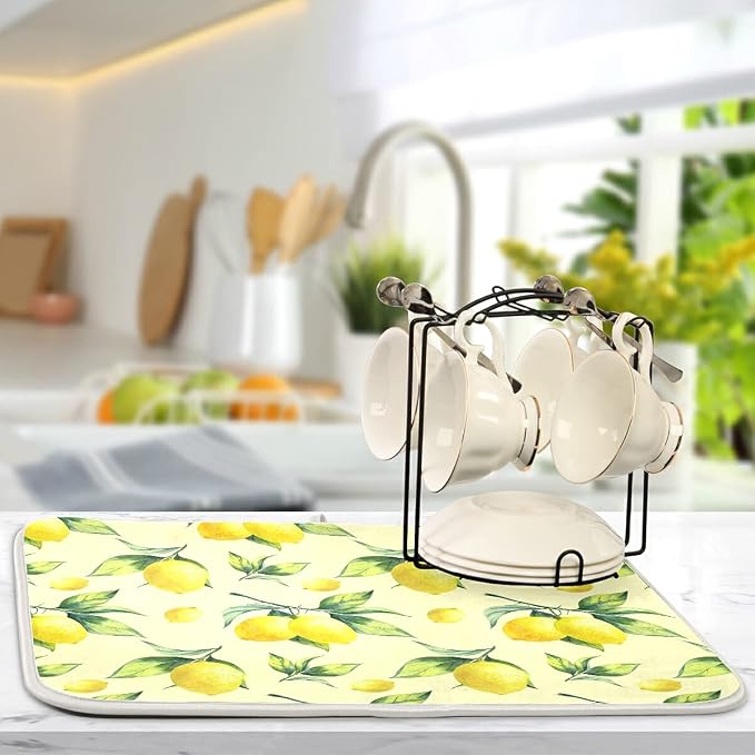 Super Absorbent Dish Drying Mat, Microfiber Fast-Drying Dish Mat, 24" x 18", Kitchen Dish Drying Pad, Vintage Yellow Lemon With Leaves