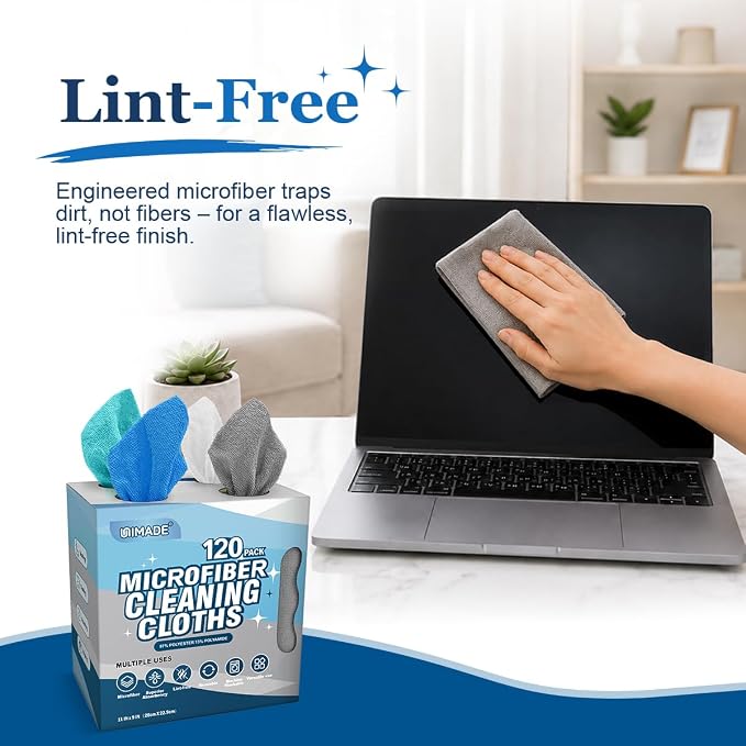 UNIMADE Microfiber Cleaning Cloth, 120 Pack Reusable Paper Towels Microfiber Towels for Cars Lint Free Shop Rags with for Home Kitchen Automotive, 11"x 9", White & Grey & Light Blue & Blue