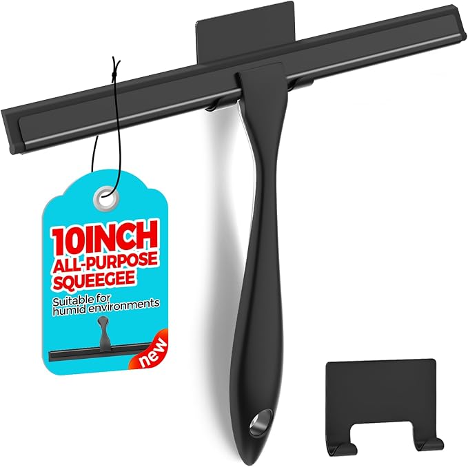 ALFLOD Shower Squeegee for Glass Doors, Tile Walls, Mirrors and Windshields | 9.5" black, bathroom accessories, window cleaner, new home essentials, silicone blade, metal handle, adhesive hook