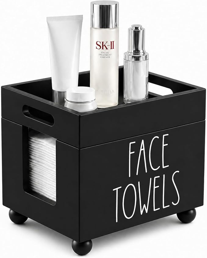 Disposable Face Towel Holder, Wooden Facial Towels Dispenser, Clean Towel XL Box for Bathroom Countertop, Open-Top Cleansing Wipes Organizer for Vanity, Rustic Skincare Storage (Black)