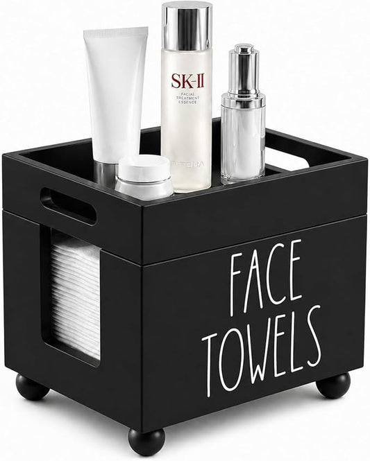 Disposable Face Towel Holder, Wooden Facial Towels Dispenser, Clean Towel XL Box for Bathroom Countertop, Open-Top Cleansing Wipes Organizer for Vanity, Rustic Skincare Storage (Black)