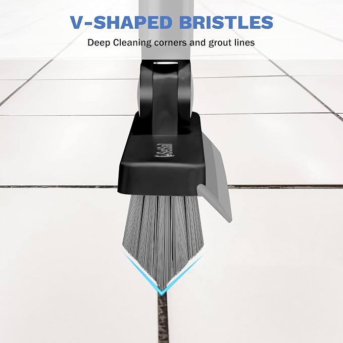 SetSail Grout Cleaner Brush with Long Handle, V-Shaped Floor Brush, Black | Swivel Grout Brush Stiff Bristle Floor Grout Scrubber for Bathroom, Tile Line, Crevice, Kitchen, Wall, Deck, Garage