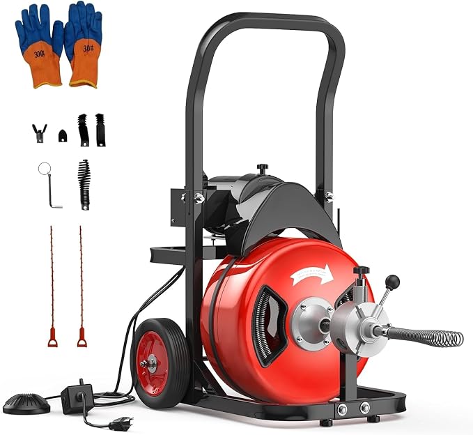 100Ft 3/4 Inch Drain Cleaning Machine. Sewer Snake 750w Auto Feed with 6 Cutter, Portable Drain Cleaning Machine Electric Drain Auger Sewer Auger Air-Activated Foot Switch for 4" to 8" Pipes