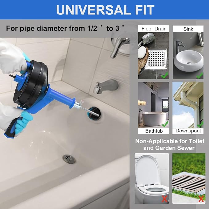 Drain Auger, Clog Remover with Drill Adapter, 25 Feet Flexible Plumbing Snake Use Manually or Powered for Kitchen, Bathroom and Shower Sink, Comes with Gloves (blue)