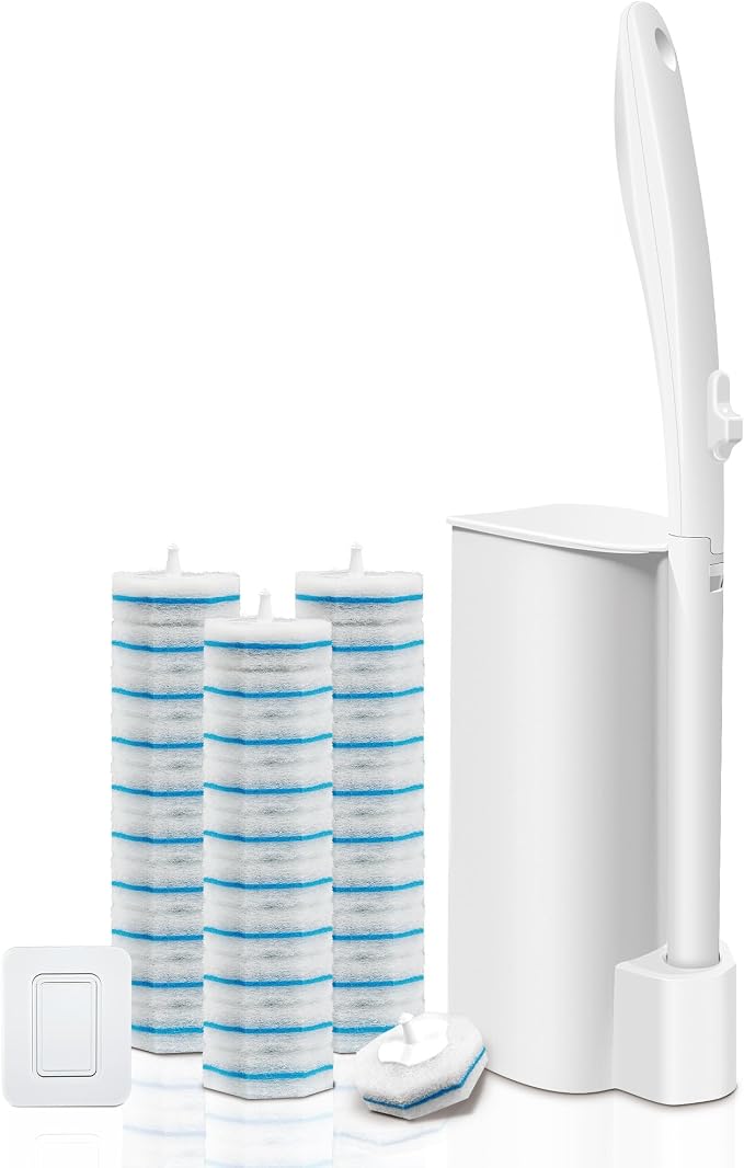 Disposable Toilet Bowl Cleaner Wand and Holder Set with 30 Refills | Wall mounted Toilet Scrubber Kit-17” ABS Wand, Caddy&30 Brush heads for Deep cleaning Bathroom.