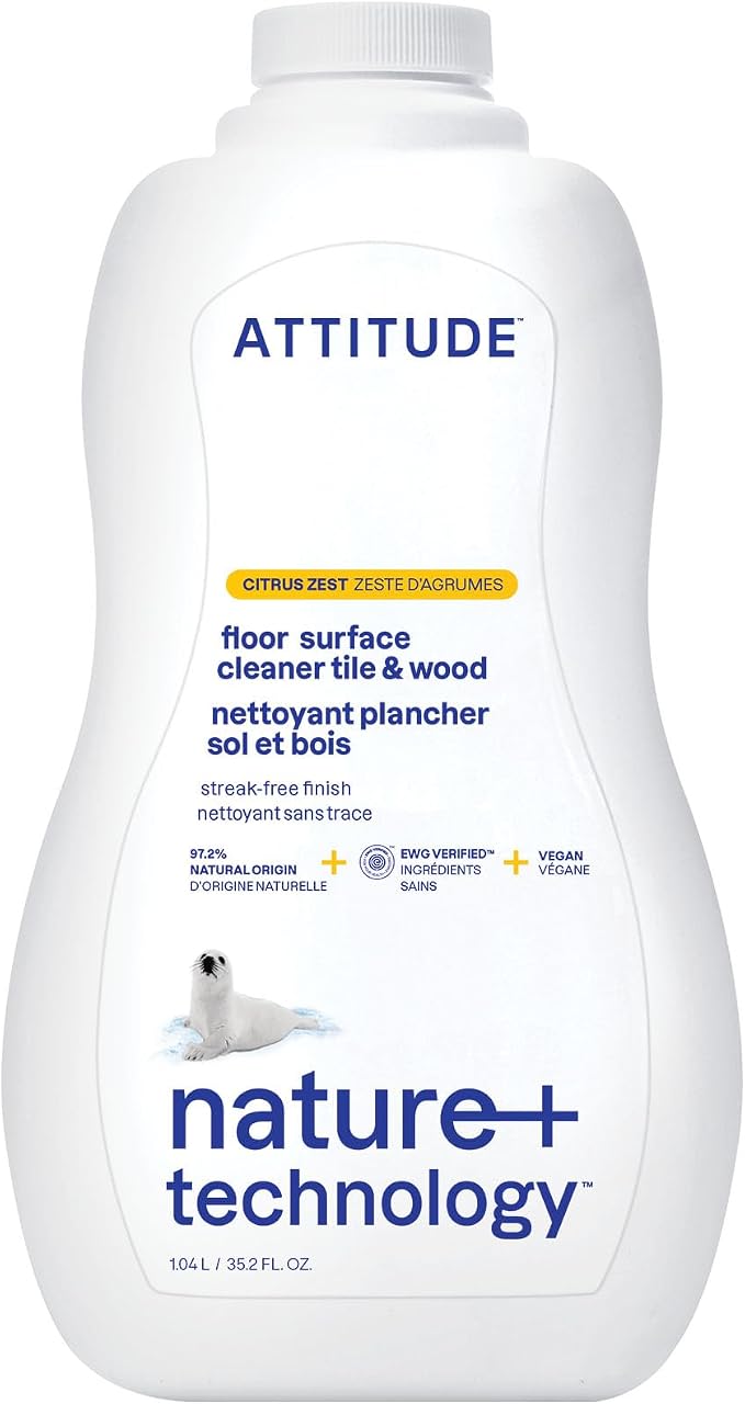 ATTITUDE Floor Cleaner, EWG Verified, Streak-Free, Vegan & Plant-Based for Tile, Wood & Laminate Floors, Citrus Zest Scent, 35.2 Fl Oz