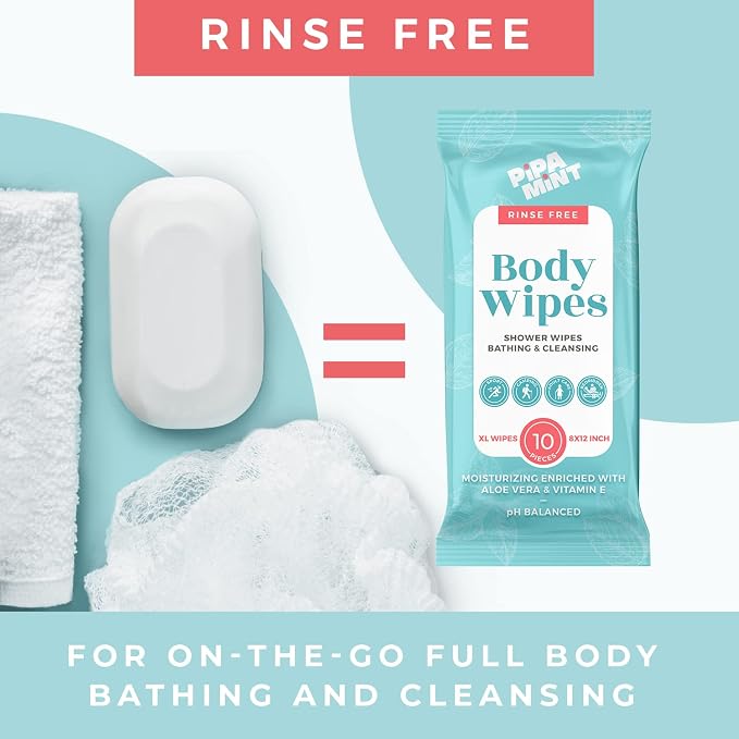 Body Wipes XL Shower Wipes Body Wipe for Adults Bathing, Traveling, Camping, Gym, Car, Elderly, Bedridden - Bath Wipe - Disposable Washcloths for Adults No Rinse