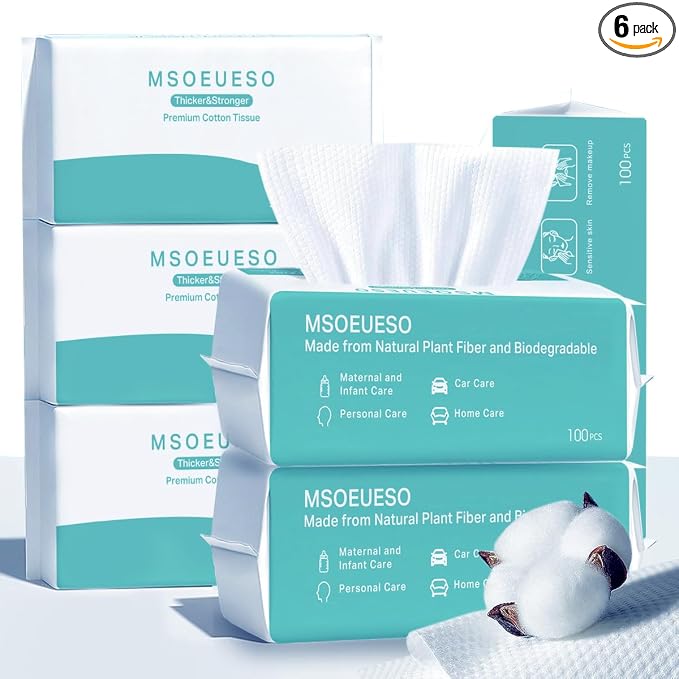 Soft Dry Wipes Cotton Facial Tissues, 600 Count Disposable Face Towels, Cotton Face Towel for Sensitive Skin, Facial Cleansing, Makeup Removing, Surface Cleaning