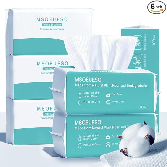 Soft Dry Wipes Cotton Facial Tissues, 600 Count Disposable Face Towels, Cotton Face Towel for Sensitive Skin, Facial Cleansing, Makeup Removing, Surface Cleaning