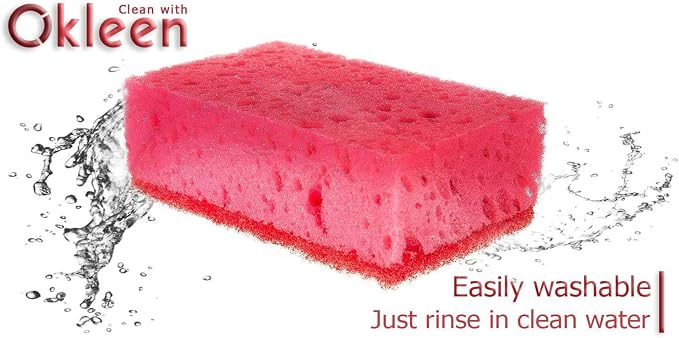 Pink Multi Use Scrub Sponges. Made in Europe. 9 Pack, 4.3x2.8x1.4 inches. Odorless Heavy Duty & Non Scratch Fiber. Durable and Delicate Scrubber for Kitchen & Bathroom, Housekeeping & Outdoors