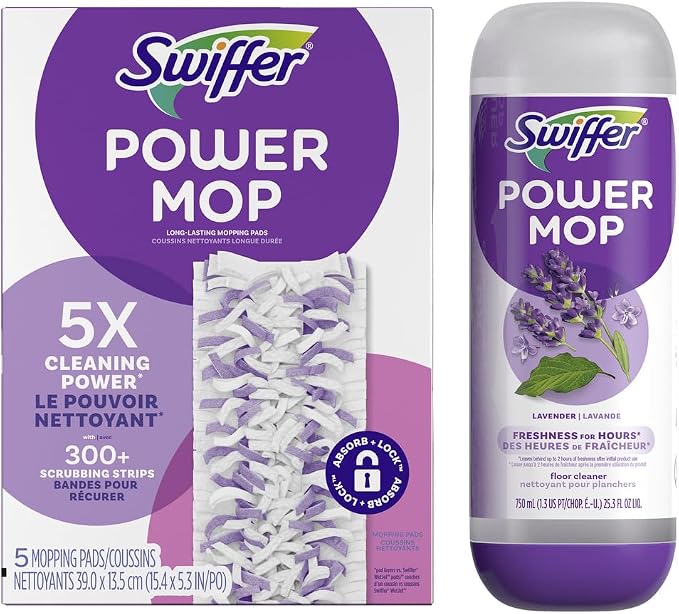 Swiffer Power Mop Refill Pack, Floor Cleaner for Mopping Tile, Vinyl, Laminate, Wood in Home, Bathroom, Kitchen, All Purpose Multi-Surface Cleaning, 5 Pads + 1 Lavender Solution