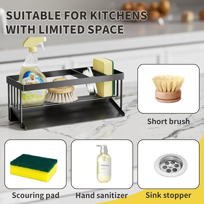 Kitchen Sink Caddy Organzier with Sponge Holder and Removable Drip Tray for Kitchen Sink, 304 Stainless Steel Organize for Sponge Soap Dish Brush Storage Accessories(Black)