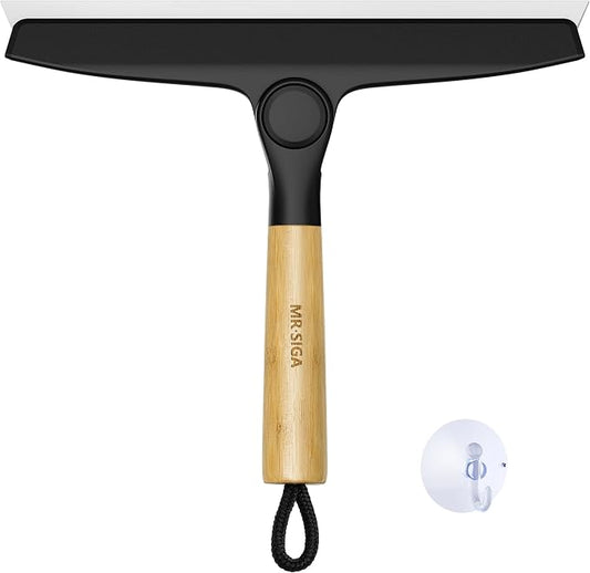 MR.SIGA Silicone Squeegee for Shower Door, Mirror, Glass, 10 inch, Black | Streak free shower squeegee for windows, showers and glass surfaces, pivoting bamboo handle, includes 1 suction hook