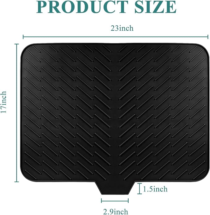 Silicone Dish Drying Mat for Kitchen Counter,23"X17" With Built-in Drain Lip,Food-Grade Silicone, Heat-Resistant Eco-friendly Hygienic Drying Mat Leak-Proof and Non-Slip, Multi-Functional Use（Black）