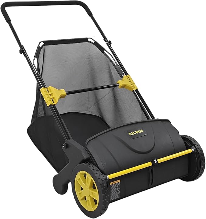Push Lawn Sweeper, 21-Inch Width, 3.5 Cu. Ft. Hopper Capacity, 4 Spinning Brushes, Adjustable Height, Durable Steel Frame with Rubber Wheels, Yellow