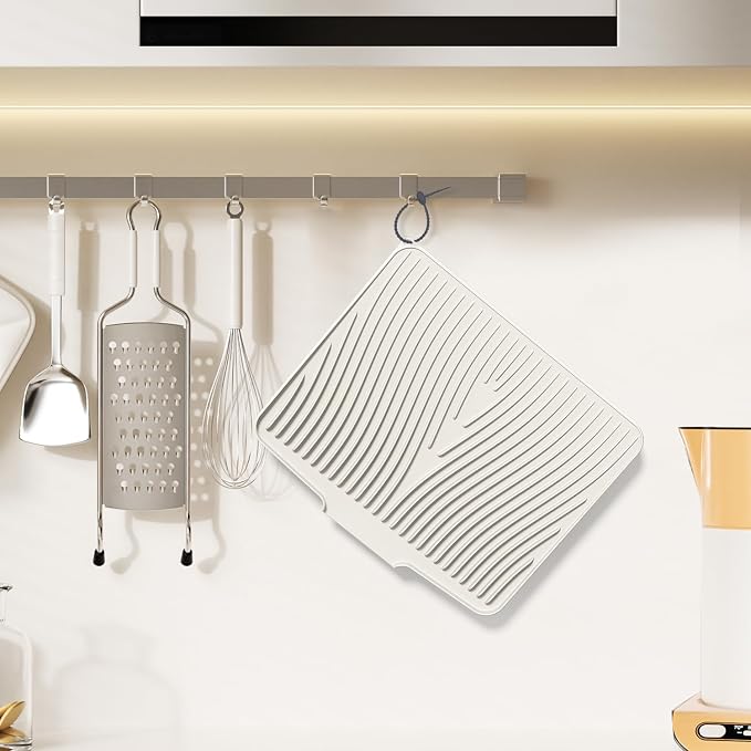 Silicone Dish Drying Mat for Kitchen counter, 19.7"x17" 2Pcs Extra Large Non-Slip Drain Pad with Built-in Drainage, Heat Resistant Dishwasher Safe, Cream