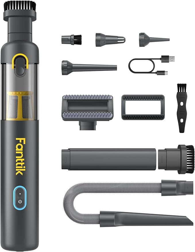 Fanttik Slim V8 APEX Car Vacuum, 4-in-1 Portable Mini Cordless Vacuum with 19000pa Suction Power for Pet Hair, Type-C Charge, One-Touch Empty for Car, Office Desk, Keyboards (Gray)