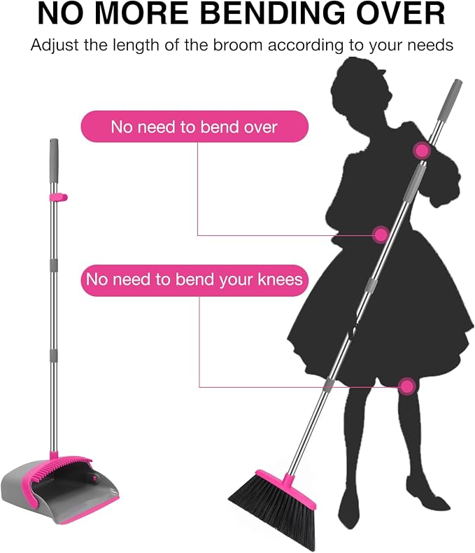 NACENA Broom and Dustpan Set with 52-in Long Adjustable Handle, Grey Rose | Broom Dustpan Combo with Dustpan Teeth to Automatically Clean Hair Suitable for Home Kitchen Office Hall Floor