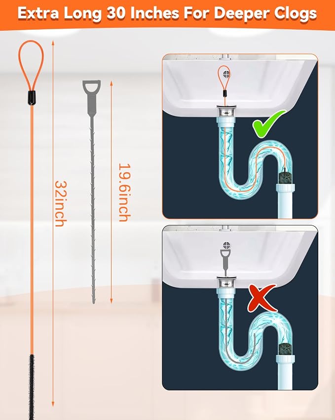 32 Inch Anti-break Metal Drain Snake, Hair Clog Remover, Cleaner Tool | Nylon Coating Sink Snake Drain Cleaner Hair Catcher Remover for Shower Bathroom Sink Tub