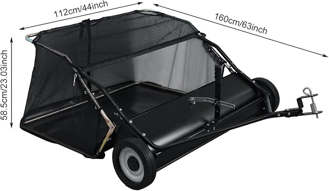 Pull Behind Lawn Sweeper with Dumping Rope, 44” Tow Behind Leaf Collector, Adjustable Height Yard Sweeper with Large Hopper, Easy Storage Folding Design for Garden Tractors Black