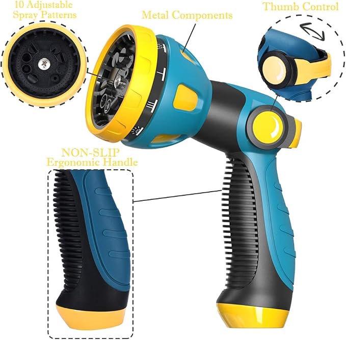 Garden Hose Nozzle - 10 Adjustable Patterns Metal High Pressure Hose Nozzle, Garden Hose Spray Nozzle with Thumb Control Design, Hose Sprayer for Garden & Lawns Watering, Cleaning, Pets & Car Washing