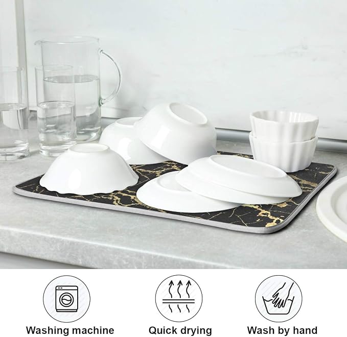 Super Absorbent Dish Drying Mat, Microfiber Fast-Drying Dish Mat, 24" x 18", Kitchen Dish Drying Pad, Black Gold Marble