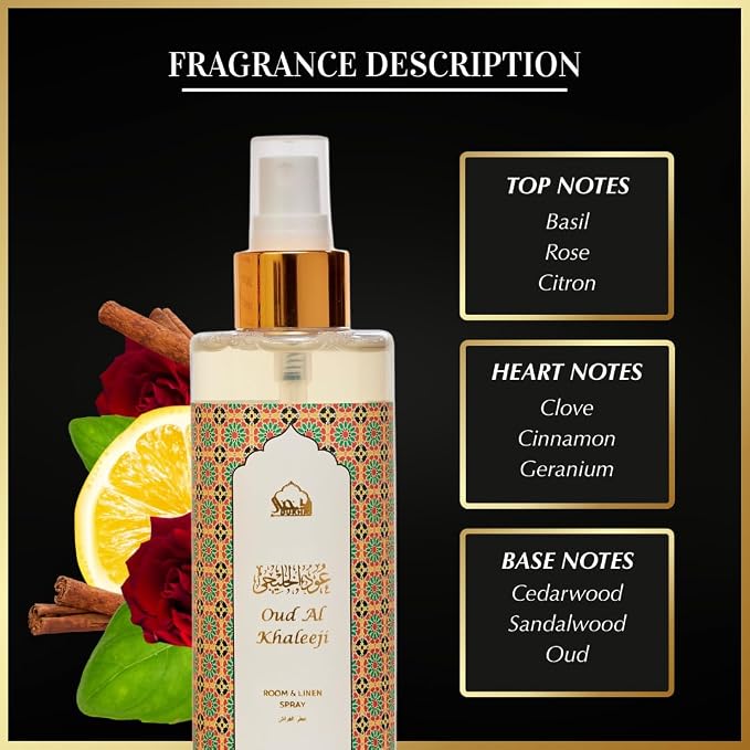 Oud Al Khaleeji Citrus Spray by Dukhni | 250ml Arabic Room Spray for Home | Basil & Citrus Air Freshener for Home, Living Room, Prayer Mats, Bed, Linen, Sofa, Car | Room Freshener, Odour Eliminator