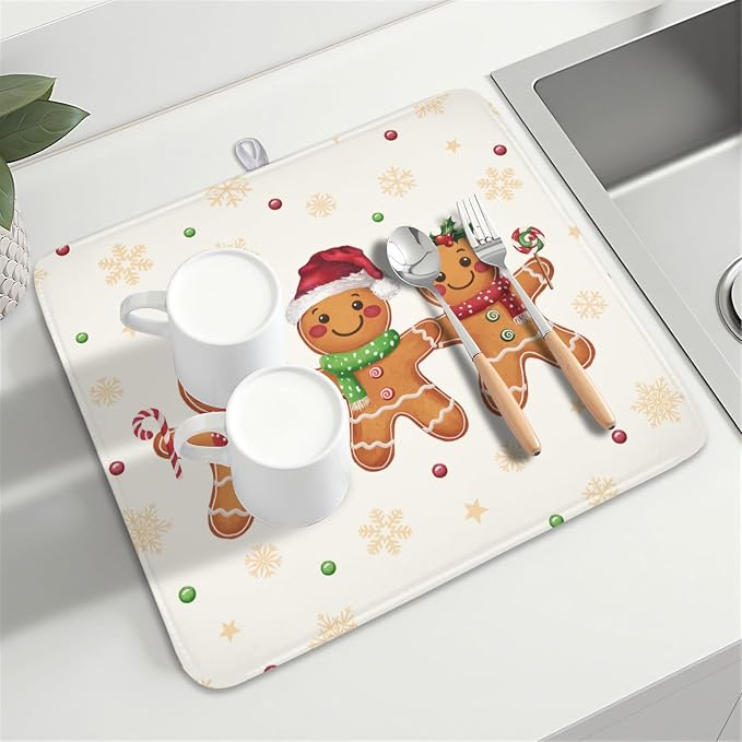 Christmas Gingerbread Man Dish Drying Mat for Kitchen Counter Xmas Gold Snowflake Dish Drainer Mat Rustic Farmhouse Winter Holiday Absorbent Washable Drying Pad 16"x18"