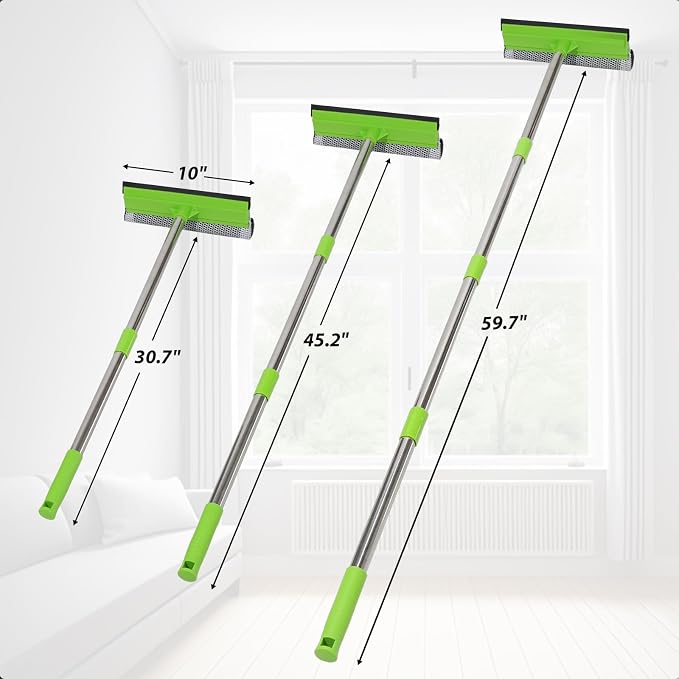 2 in 1 Window Squeegee with 55" Long Stainless Steel Handle,Sponge Car Squeegee for Home,Gas Station,Glass,Shower,Outdoor High Window Cleaning