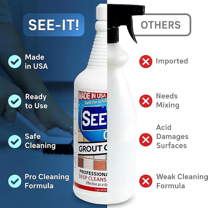 SEE-IT! Grout & Tile Deep Cleaner Brightener & Heavy-Duty Stain Remover Acid-Free Safe for Ceramic, Porcelain, Marble, Stone - Two 32 fl. oz. Bottles with Floor Cleaning Brush