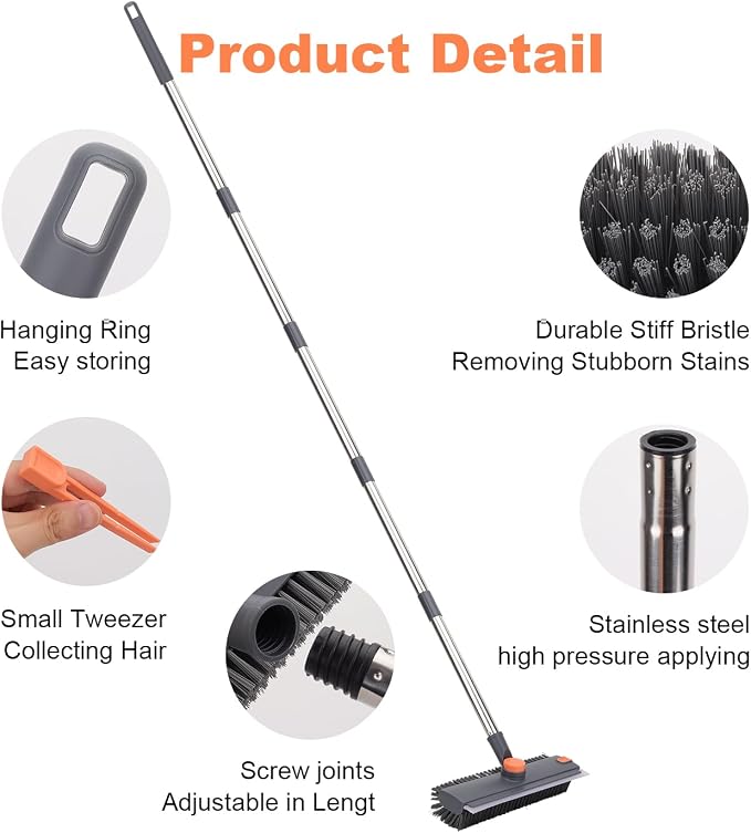 Floor Scrub Brush with 64" Long Handle - 360° Swivel Heads Household Push Brush with Squeegee and Right Angled Bristle for Cleaning Concrete Floors Grout Gardens Patio Deck Concrete Garage Heavy Duty