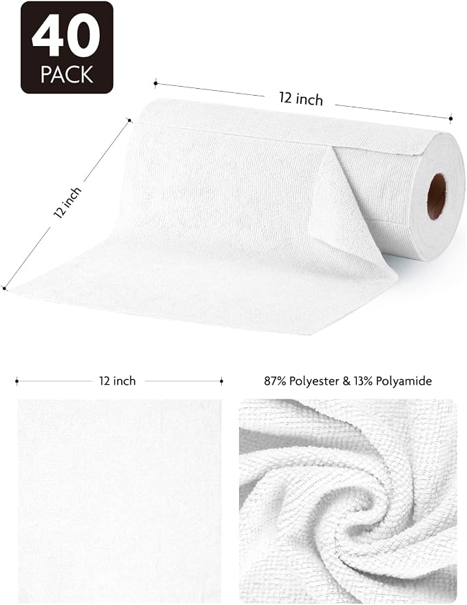 Fantasticlean Microfiber Cleaning Cloth Roll- 40 Sheets, 12" x 12" (White) | Super Absorbent, Lint-free, Tear-away Microfiber Towel Roll, for All-Purpose Cleaning, Reusable Alternative to Paper Towels