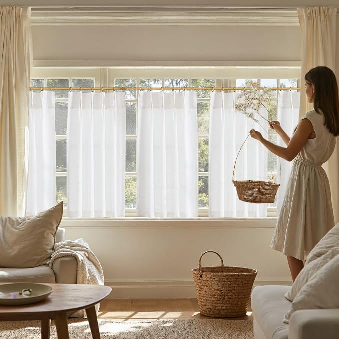 jinchan Linen Pinch Pleated Back Tab Tier Curtains, 26x36, 2 Panels, White | Light filtering,small window treatment,cafe curtains,machine washable,farmhouse,kitchen,bathrooms,laundry