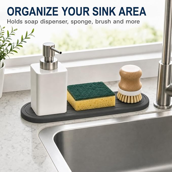 Razborci 2PCS Water Absorbing Stone Drying Tray Mat for Bathroom Sink & Kitchen Counter Faucet Organizer Decor, Quick Dry Dish Soap Dispenser Sponge Holder, Vanity Caddy Coaster,Dark Gray -10"*3.8"