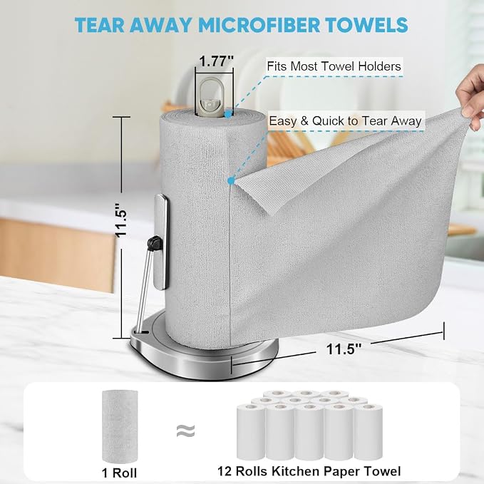 AIDEA Microfiber Cleaning Cloth Roll-75PK, Reusable Paper Towels 11.5×11.5" | Tear Away Cloth, Microfiber Towels for Cars, Cleaning Rags, Lint Free Wash Cloths for House, Kitchen,Cleaning Supplies, Grey