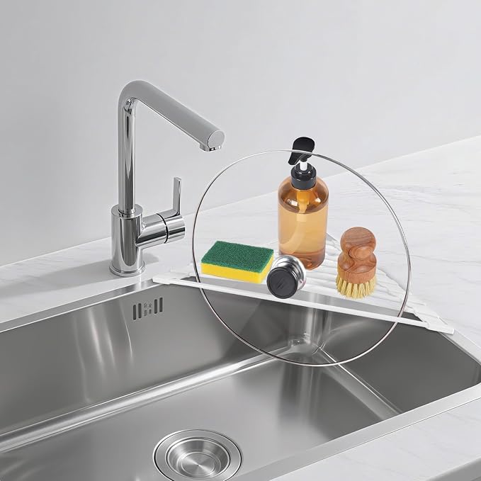 HANZENMA Triangular Sink Rack, Multi-Functional Rack Above the countertop, Foldable Sink Drying mat, Heat-Resistant, Non-Slip, and Rust-Proof Dish Rack (White)
