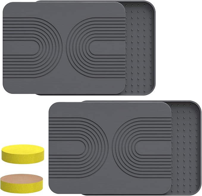 2 PCS Stone Dish Drying Mat ＆ Silicone Mat for Kitchen Counter – Diatomaceous Earth Bath Mat for Bathroom, 16.14"L×12.4"W×2 Quick Dry Mats for Dishes ,Bottles, Cups, Match Any Countertop(Gray)