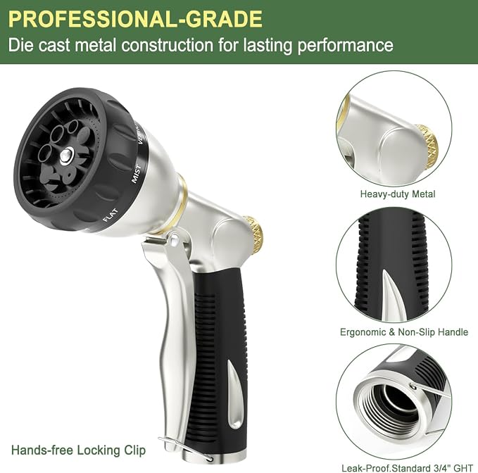 FANHAO Metal Garden Hose Nozzle Heavy Duty, 8 Spray Patterns, High Pressure | Rustproof Leak Proof, Comfortable Non-Slip Handle, Hands-Free Lock, Hose Sprayer Nozzle for Watering Plant, Car & Pet Washing